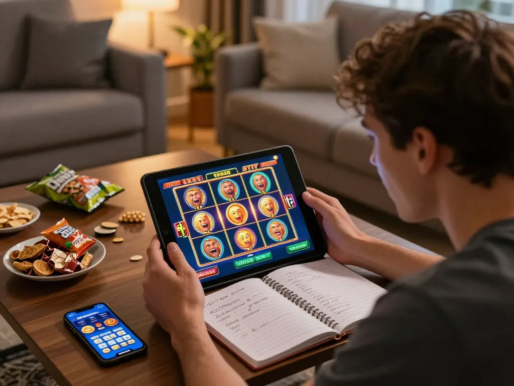 Excited player using OKESLOT app on a tablet while enjoying online slot games in a cozy living room.