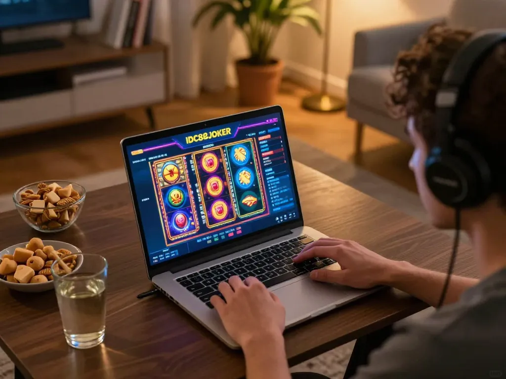 Player enjoying IDC88JOKER online slots at home with engaging gaming interface and cozy ambiance.