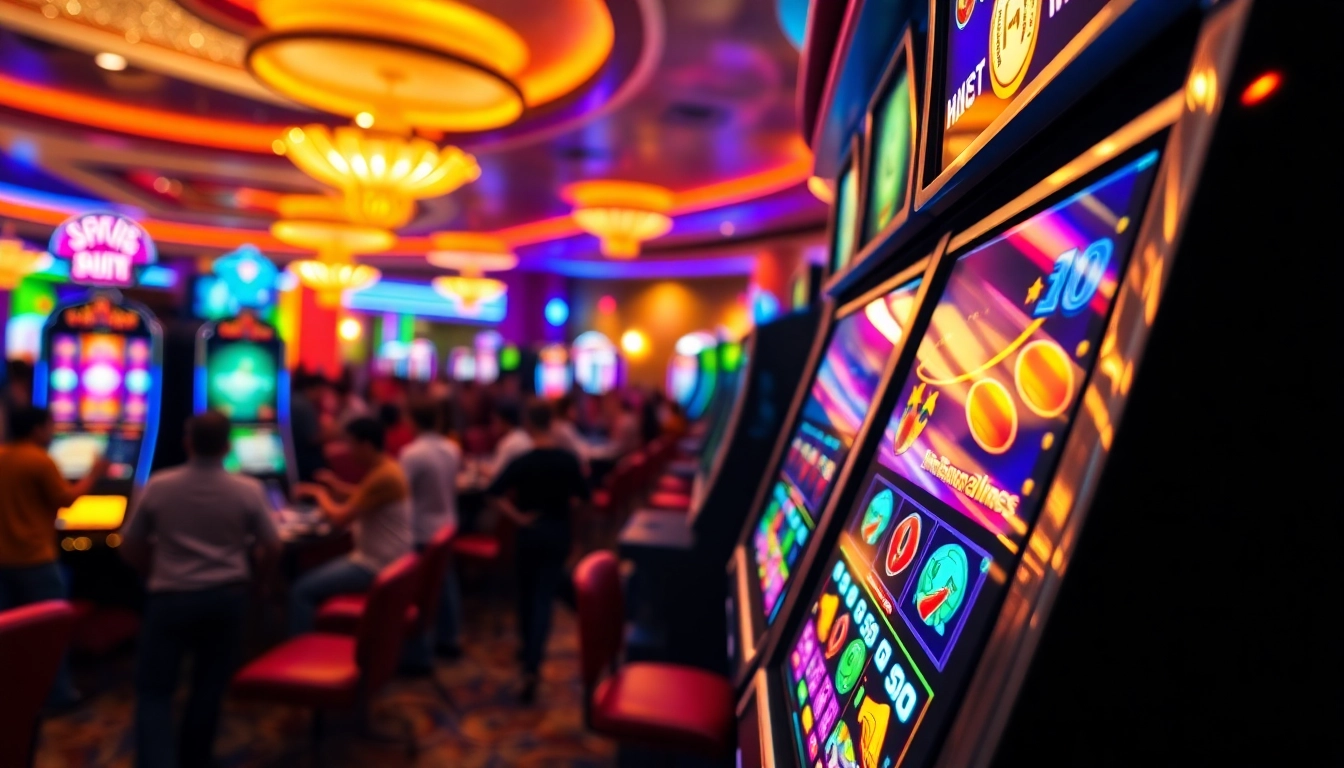 Slot mesin kasino yang menarik dengan grafik menawan dan lampu berkedip di tengah keramaian.