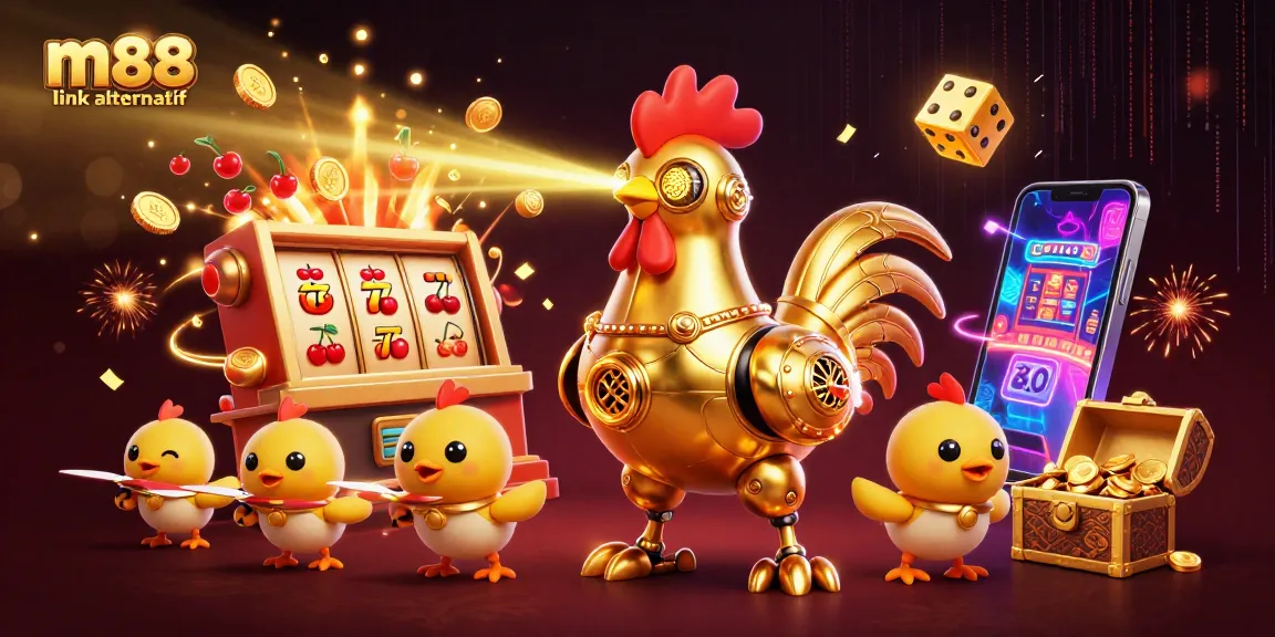 Experience the excitement of m88 link alternatif with golden rooster robot and vibrant casino elements.