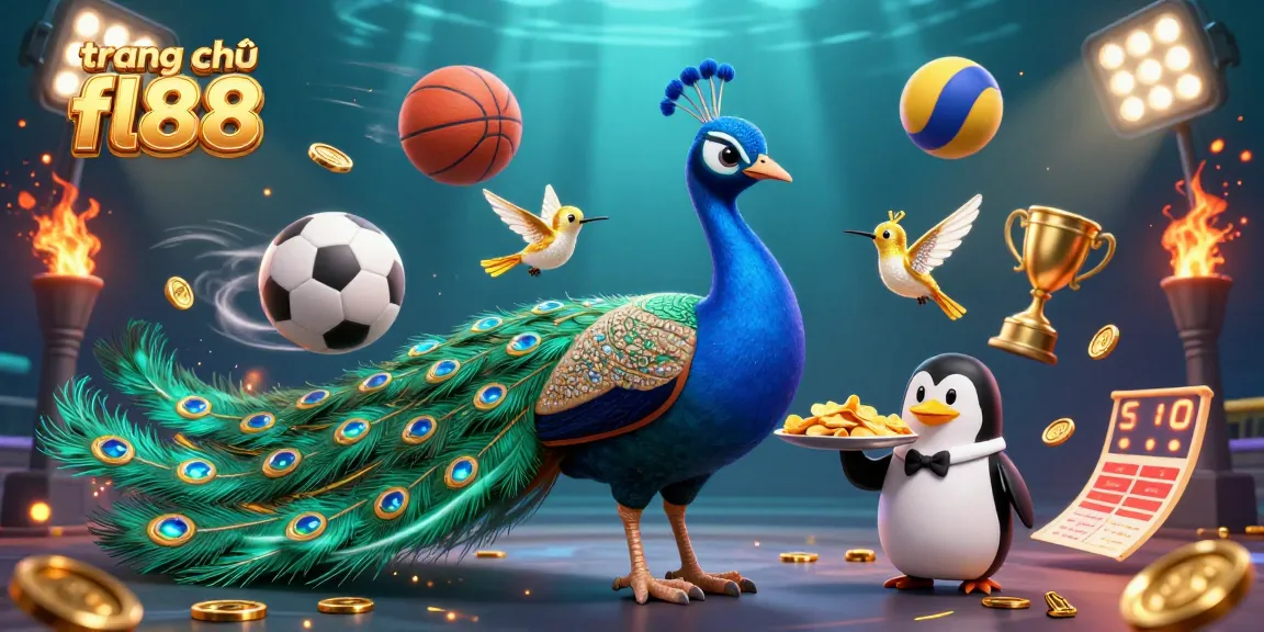 Engage with the vibrant action at trang chủ fl88 featuring a peacock with gem feather display, penguin butler, and dynamic sports elements.