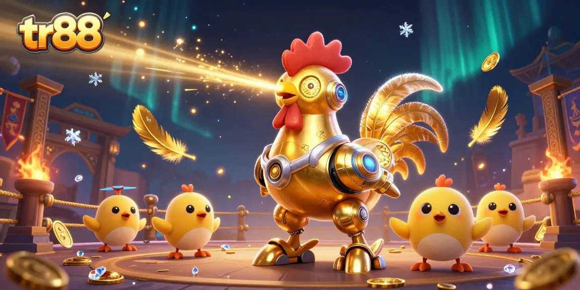 Experience the thrill of tr88 with a golden rooster robot and baby chick drones in an exciting casino scene!