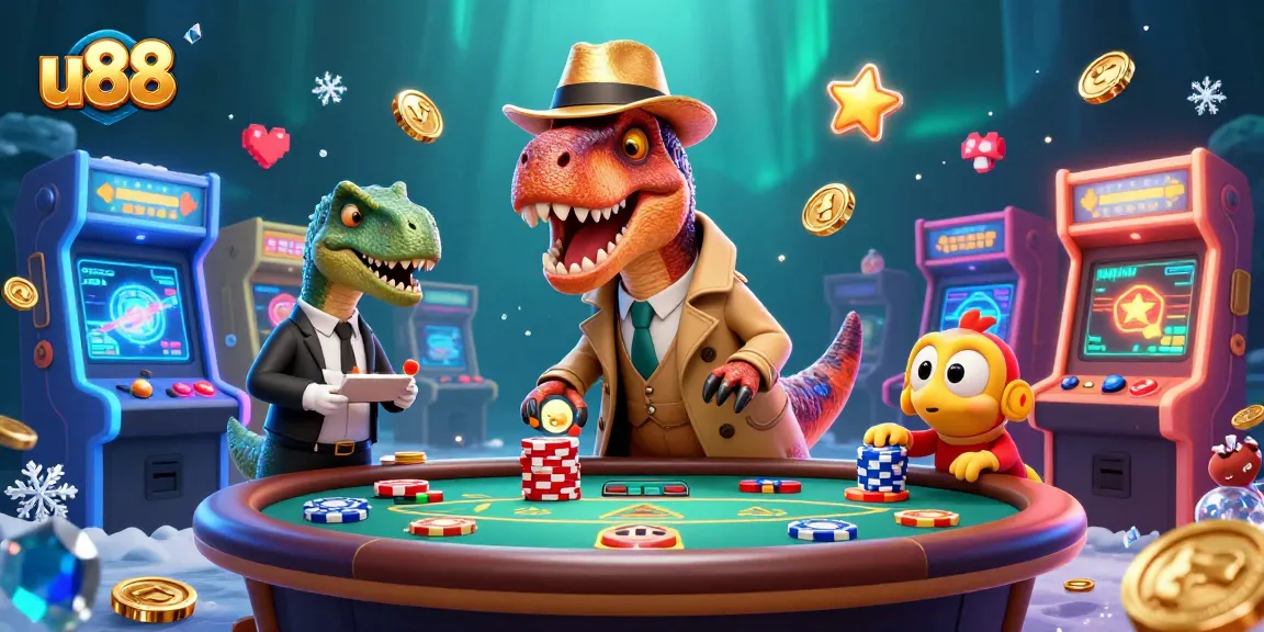 Exciting u88 blackjack scene with a velociraptor, stegosaurus, and compy interacting amid vibrant casino elements.