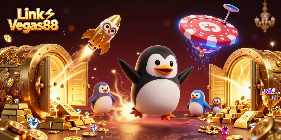 Spin to win at Link Vegas88 with golden treasures and casino excitement in a vibrant 3D scene.