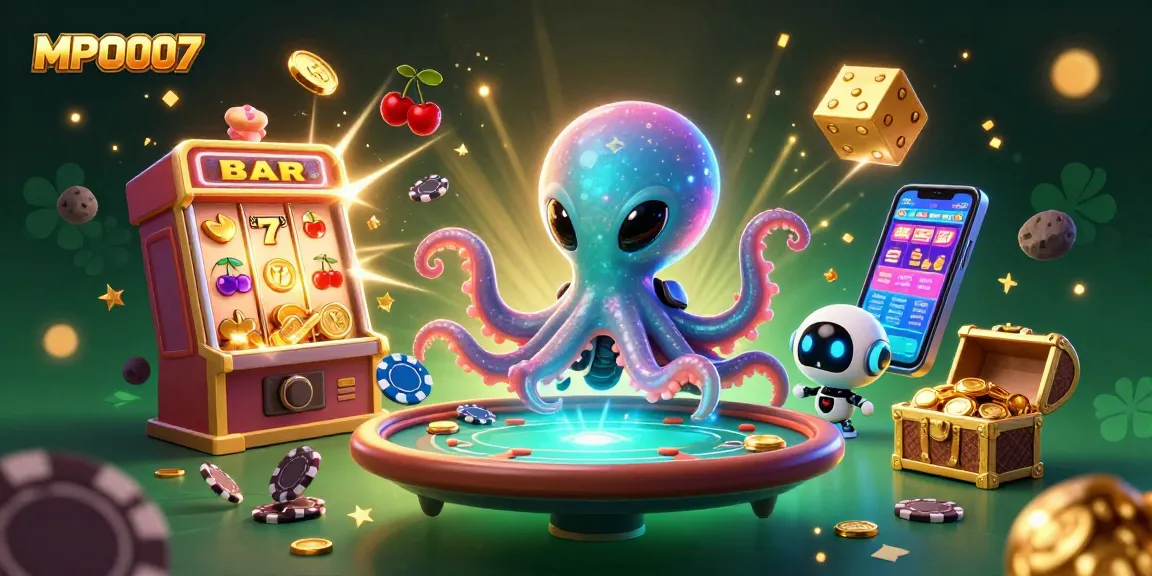 Experience the thrill of MPO007 with an engaging alien octopus at a dazzling neon poker table.