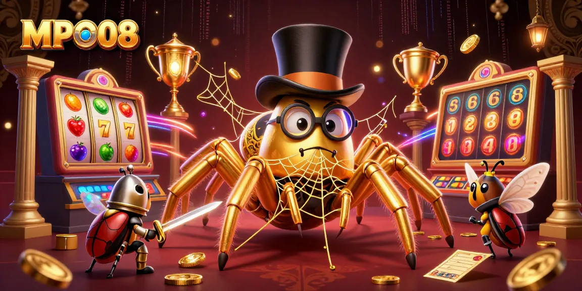 MPO08 showcases an exciting casino scene with a giant tarantula and beetle knight centered among dynamic slot games.