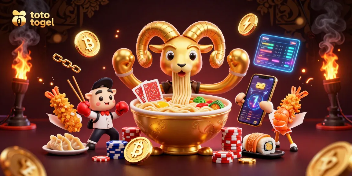 Studi tentang toto togel dengan karakter kasino 3D dan elemen digital yang menarik di latar belakang yang mewah.
