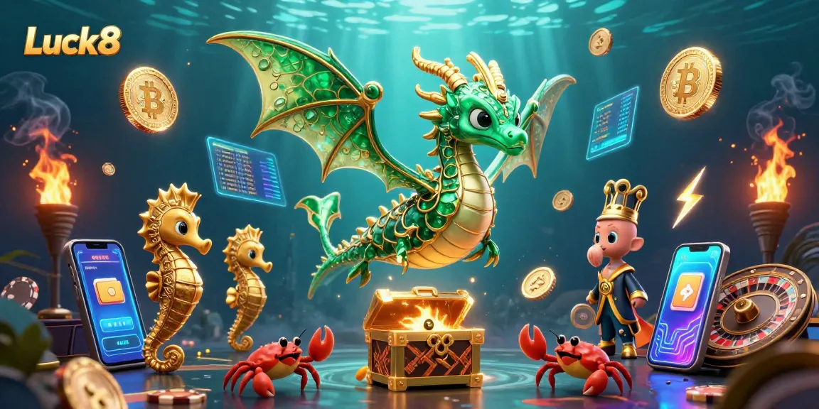 Engage with the Luck8 underwater adventure, featuring a sea dragon and treasure chest surrounded by cryptocurrency elements.