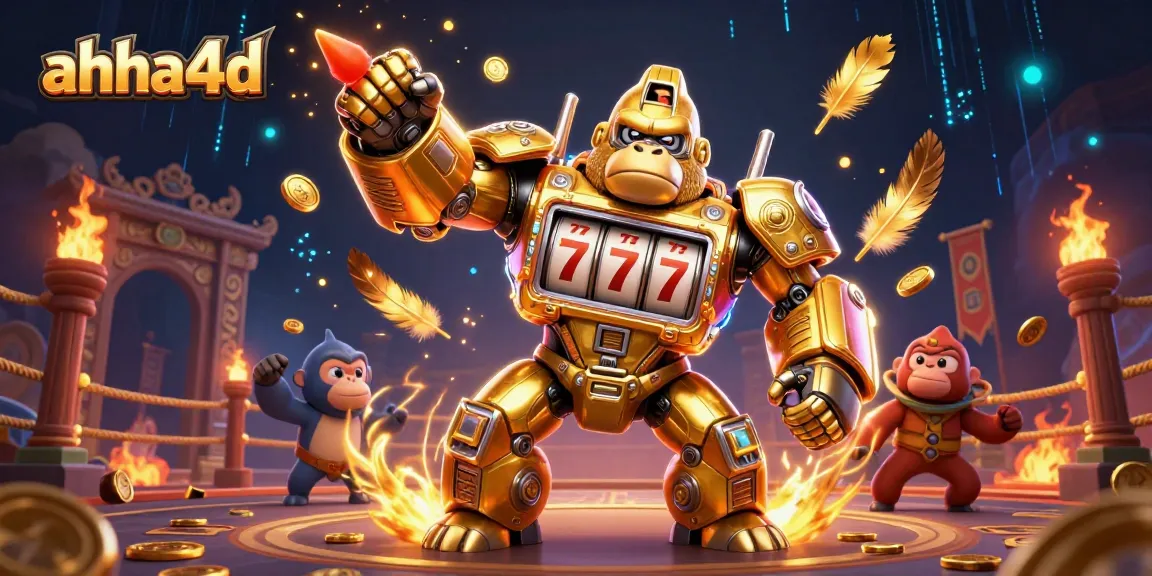 Catch the excitement with ahha4d's dynamic gaming scene featuring a golden gorilla mech and spinning slot reels.