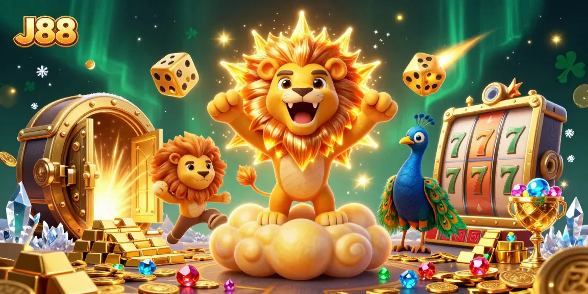Experience the thrill of J88 gaming with a vibrant 3D illustration of slot reels and golden treasures.