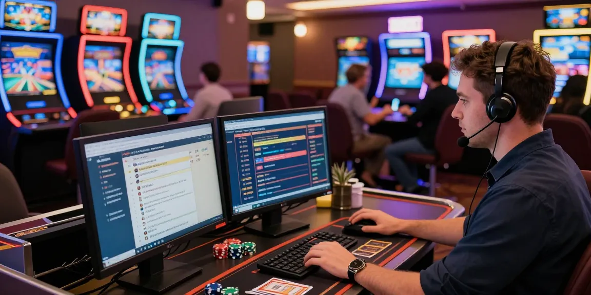 Customer support at rajaberas88 offering assistance in a vibrant gaming lounge.
