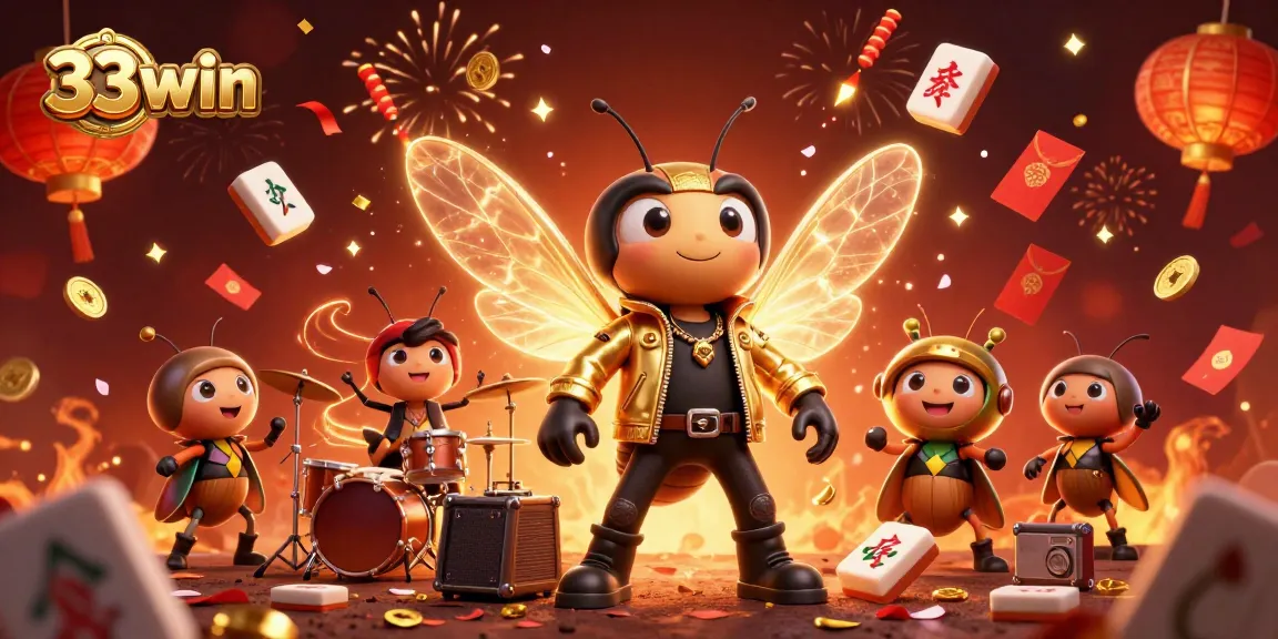 Engage with 33win’s thrilling casino scene featuring electric characters and festive elements.