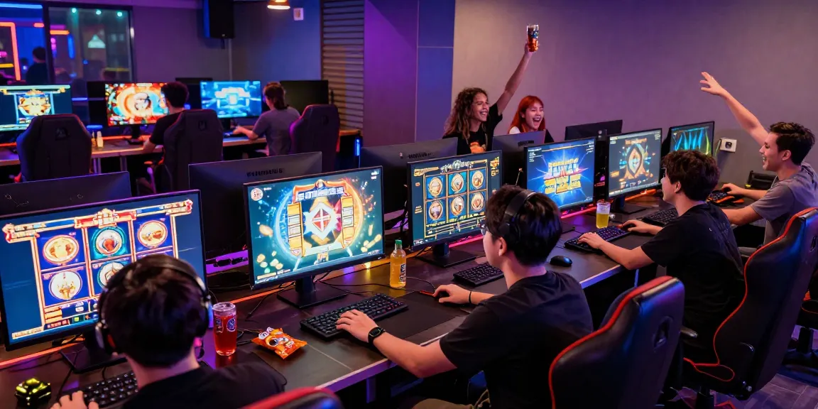 Exciting gaming lounge scene showcasing players engaging with situs slot raffi ahmad, celebrating wins in vibrant atmosphere.