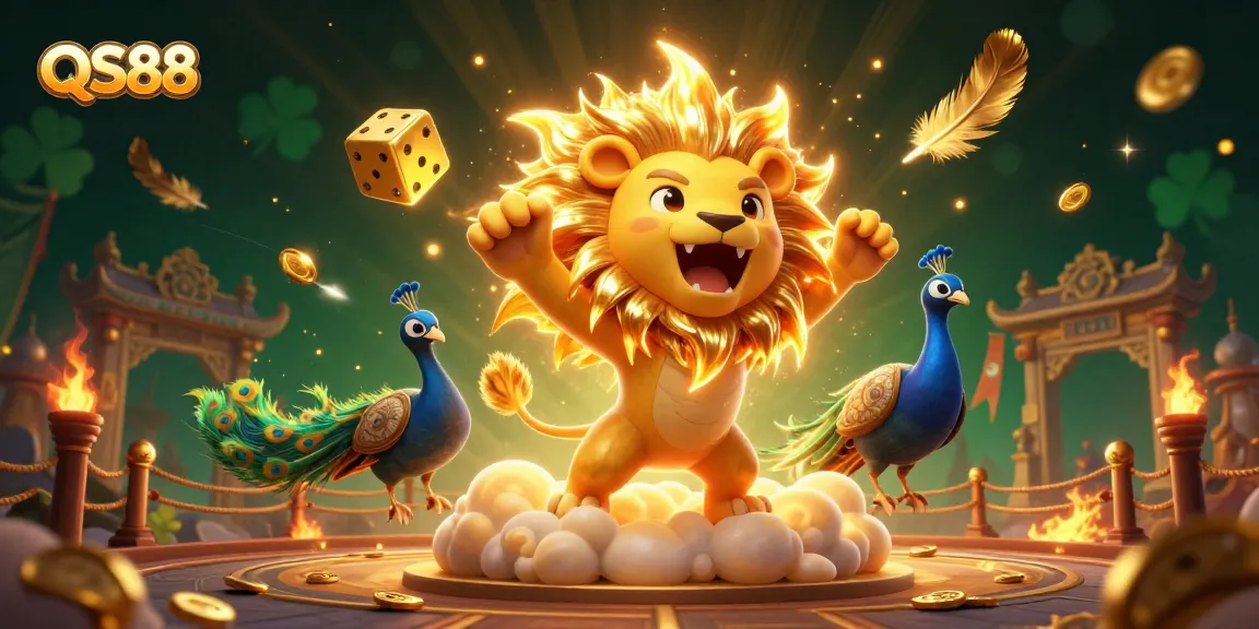 Experience QS88’s thrilling casino adventure with a roaring lion, golden dice, and dynamic game elements.