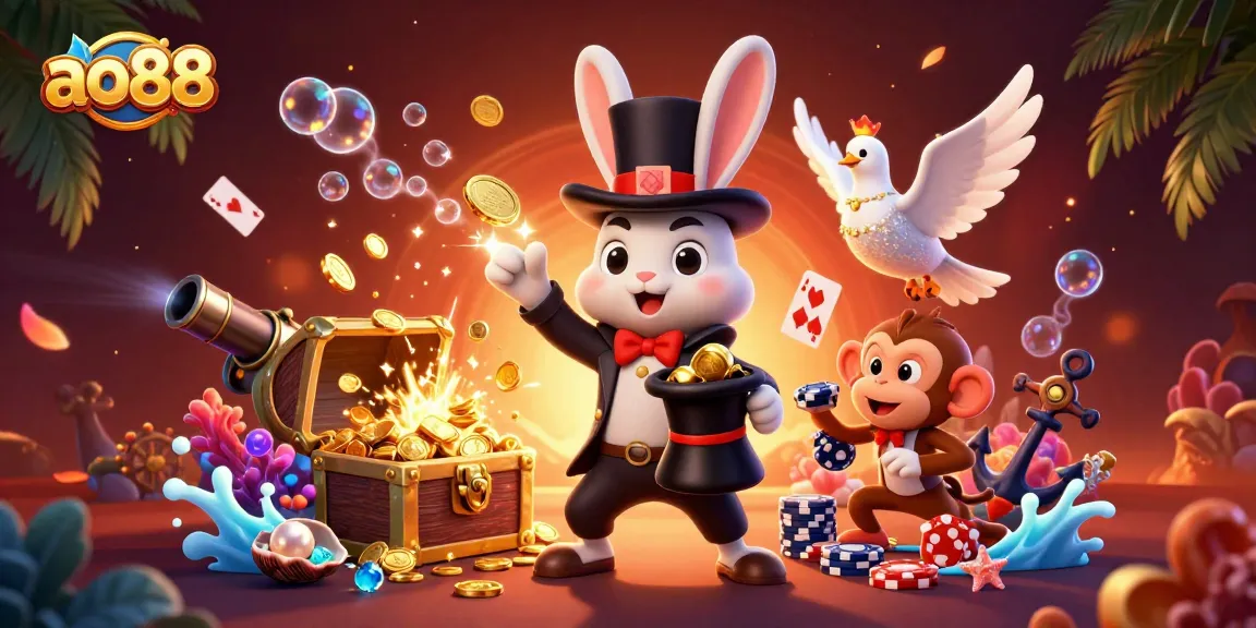 Enjoy the fun at ao88 with a magical 3D cartoon scene featuring casino characters and dynamic elements.