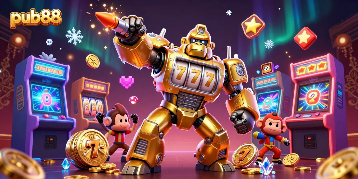 Experience immersive gaming at pub88 featuring a dynamic golden gorilla mech surrounded by colorful arcade and slot machine elements.