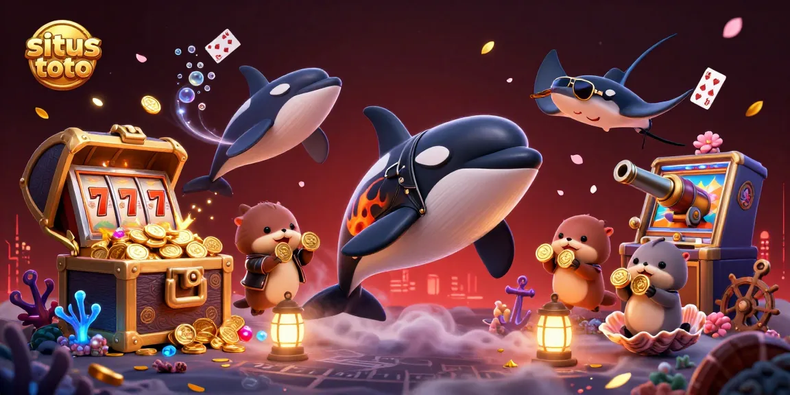 Bermain situs toto dengan jackpot slot dan karakter laut bersinar dalam ilustrasi luar biasa