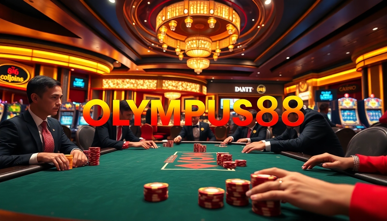 Main event di OLYMPUS88, dengan pemain poker berkelas dan suasana kasino yang mewah.