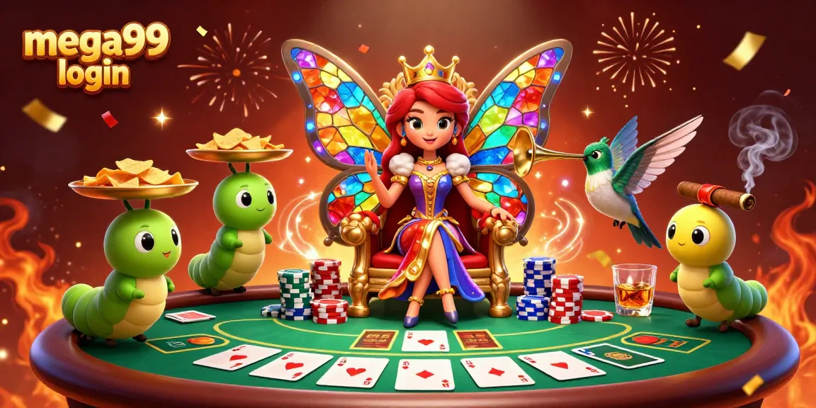 Experience mega99 login with vibrant casino elements, poker chips, and celebration effects.