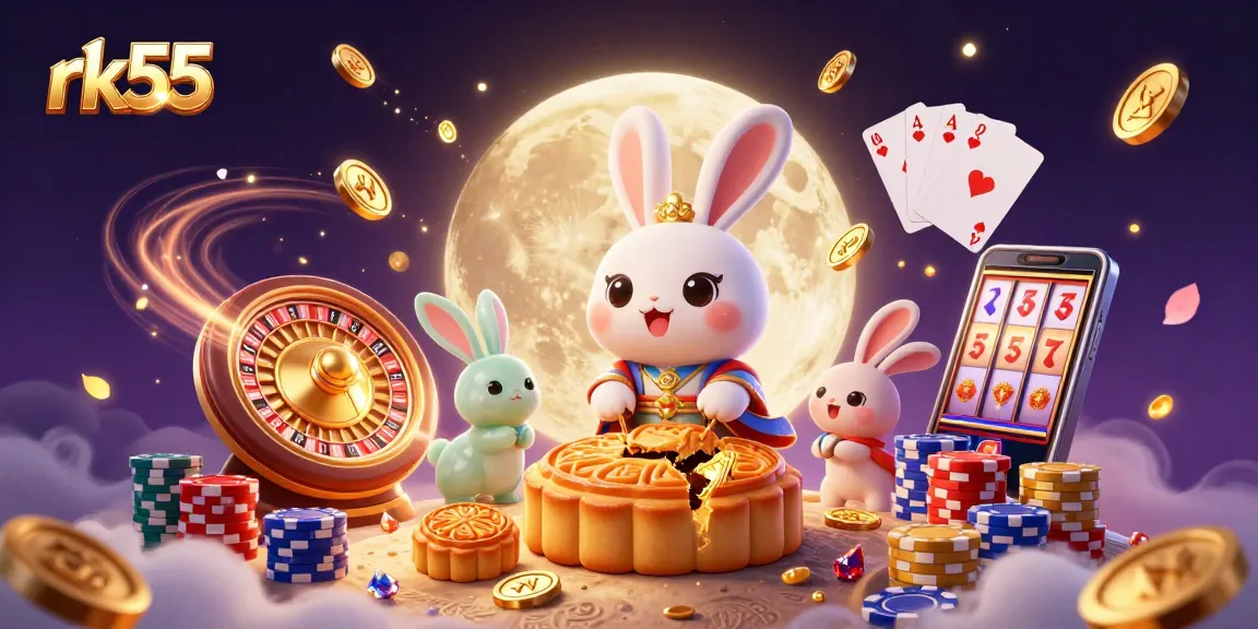 Experience rk55 gaming magic with our moon rabbit illustration revealing poker chips.