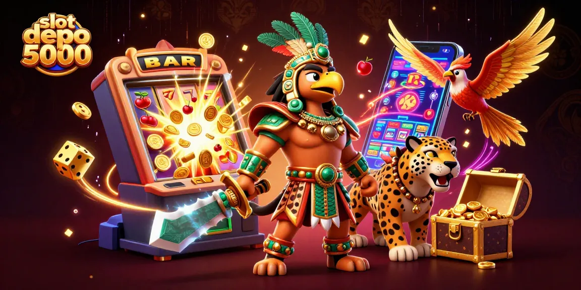 Experience the excitement of slot depo 5000 with a vibrant scene of a slot machine bursting with winnings and colorful characters.
