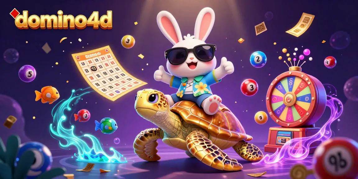 Permainan domino4d yang menampilkan kelinci beruntung kartun 3D dan kura-kura emas dalam suasana lotere yang meriah.