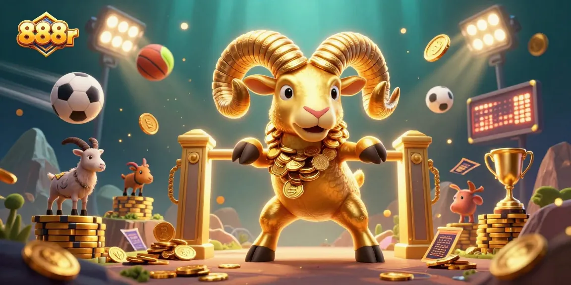 Experience the thrill of 888r gaming with a golden ram charging through a lively casino scene filled with sports elements.