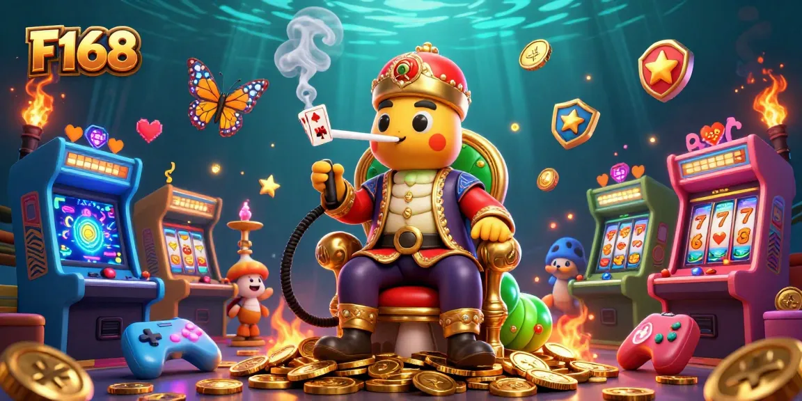 Experience the excitement of F168 with vibrant gaming elements and characters in a highly detailed casino scene.