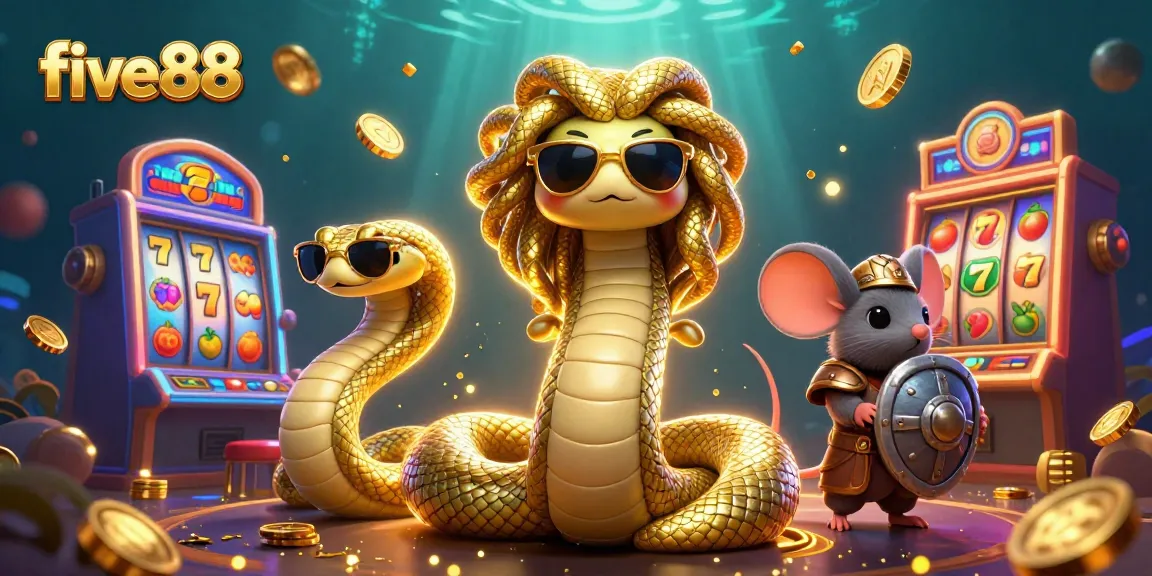 Experience five88 with a captivating Medusa and warrior mouse in an engaging casino-themed scene.
