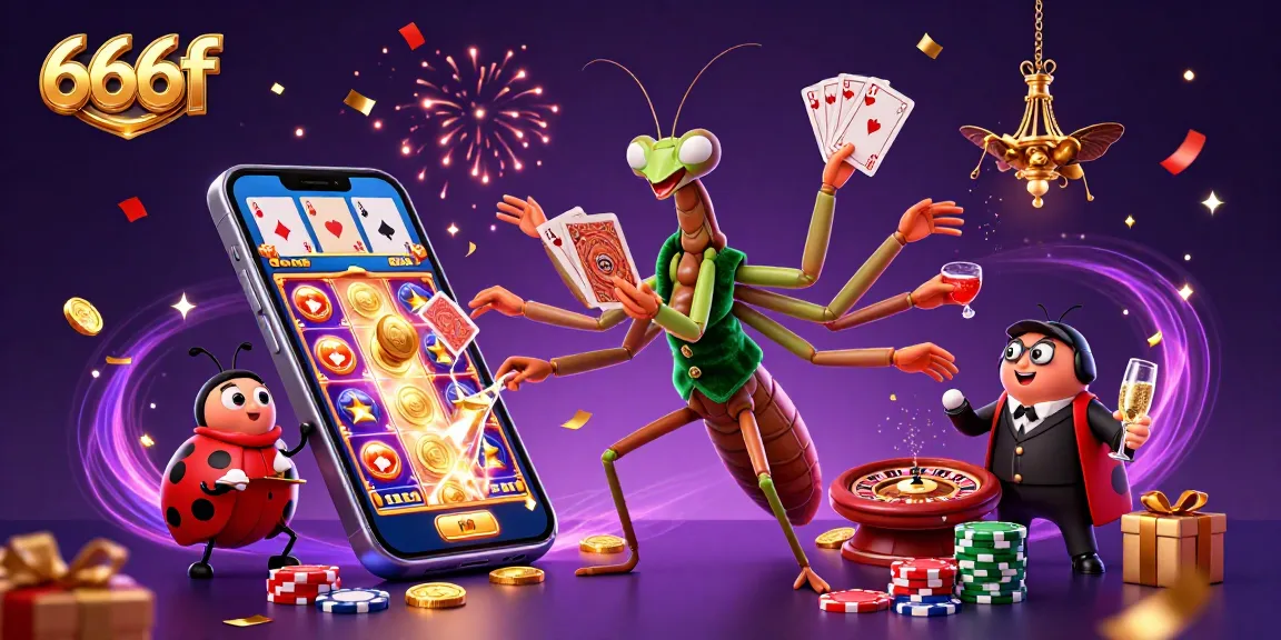Engage with the 666f casino scene featuring a mantis dealer and ladybug pit boss celebrating with vibrant games and jackpots.