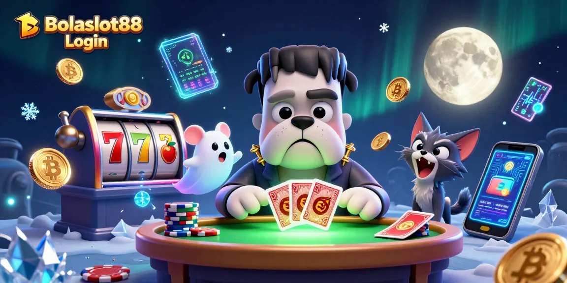 Bolaslot88 Login offers an engaging atmosphere with cartoon characters at a slot table, crypto elements, and casino graphics.