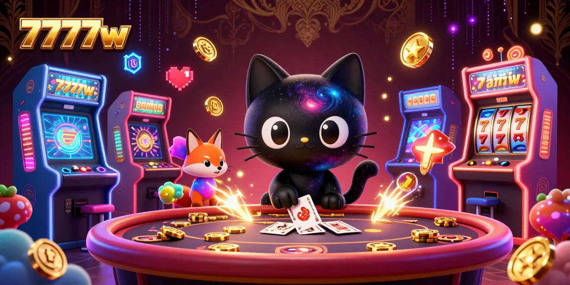 Play thrilling games like 7777w with a cartoon black hole cat and vibrant casino elements.