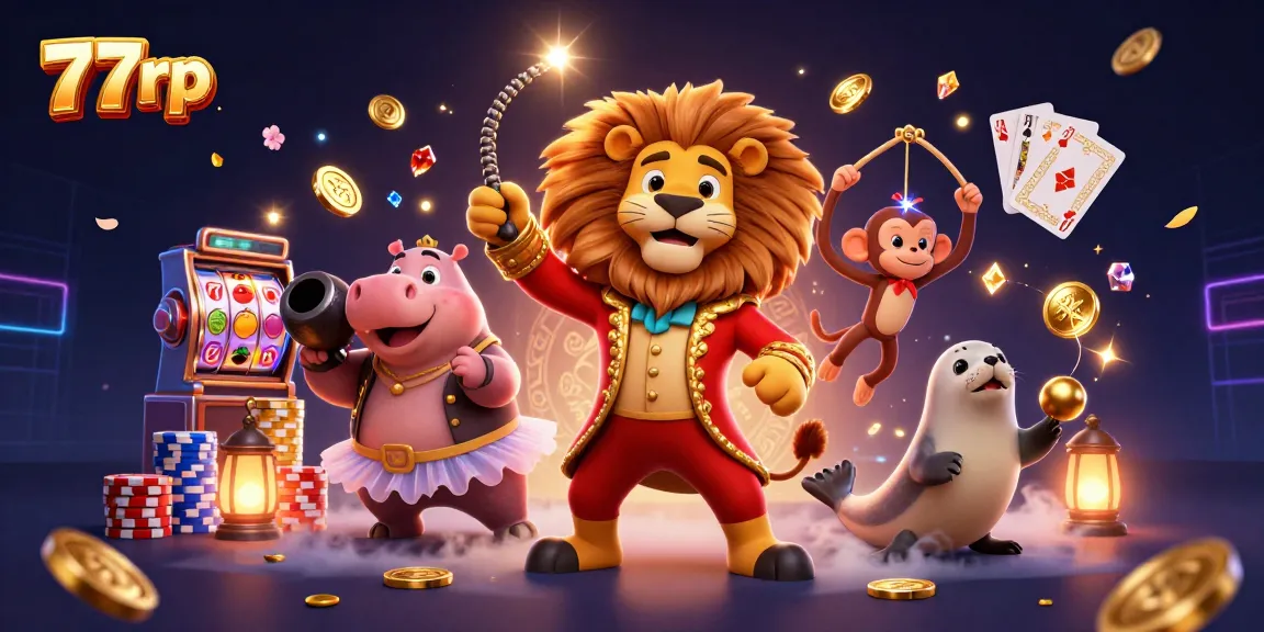 Engage with 77rp in this dynamic 3D circus scene highlighting exciting slot game action.